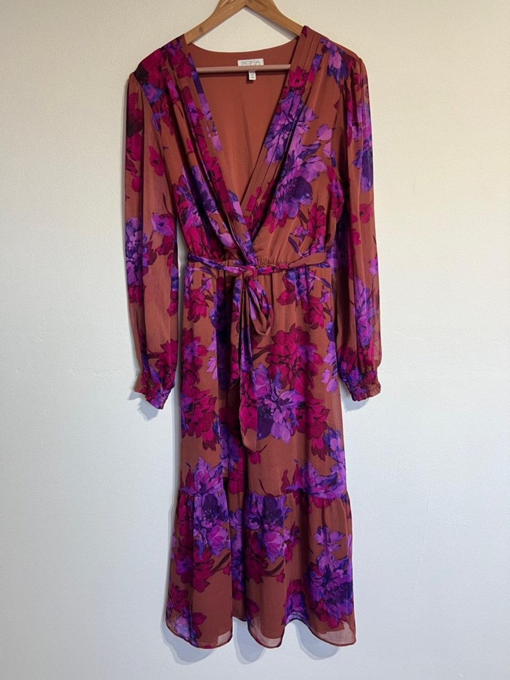 Floral Wrap Dress - Brown with Pink & Purple Floral